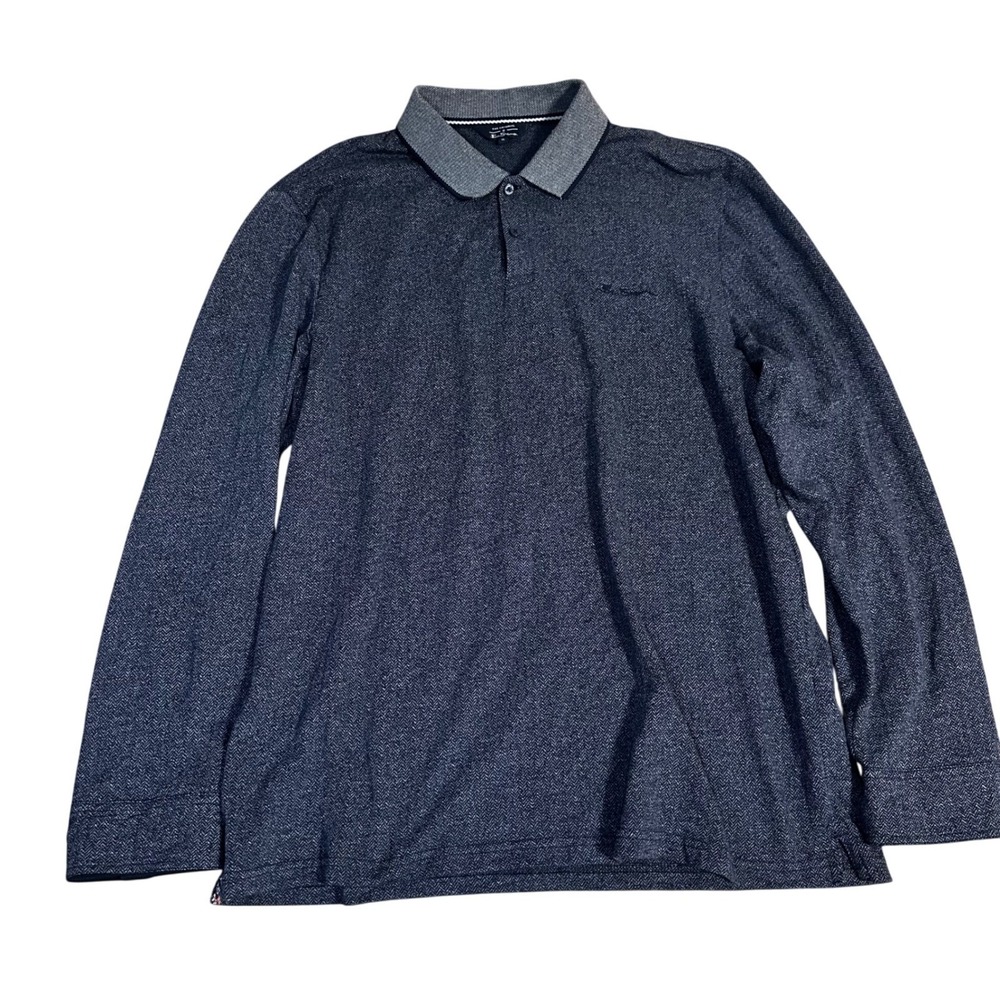 Ben Sherman Long Sleeve Polo Shirt Mens XL Blue Herringbone Casual